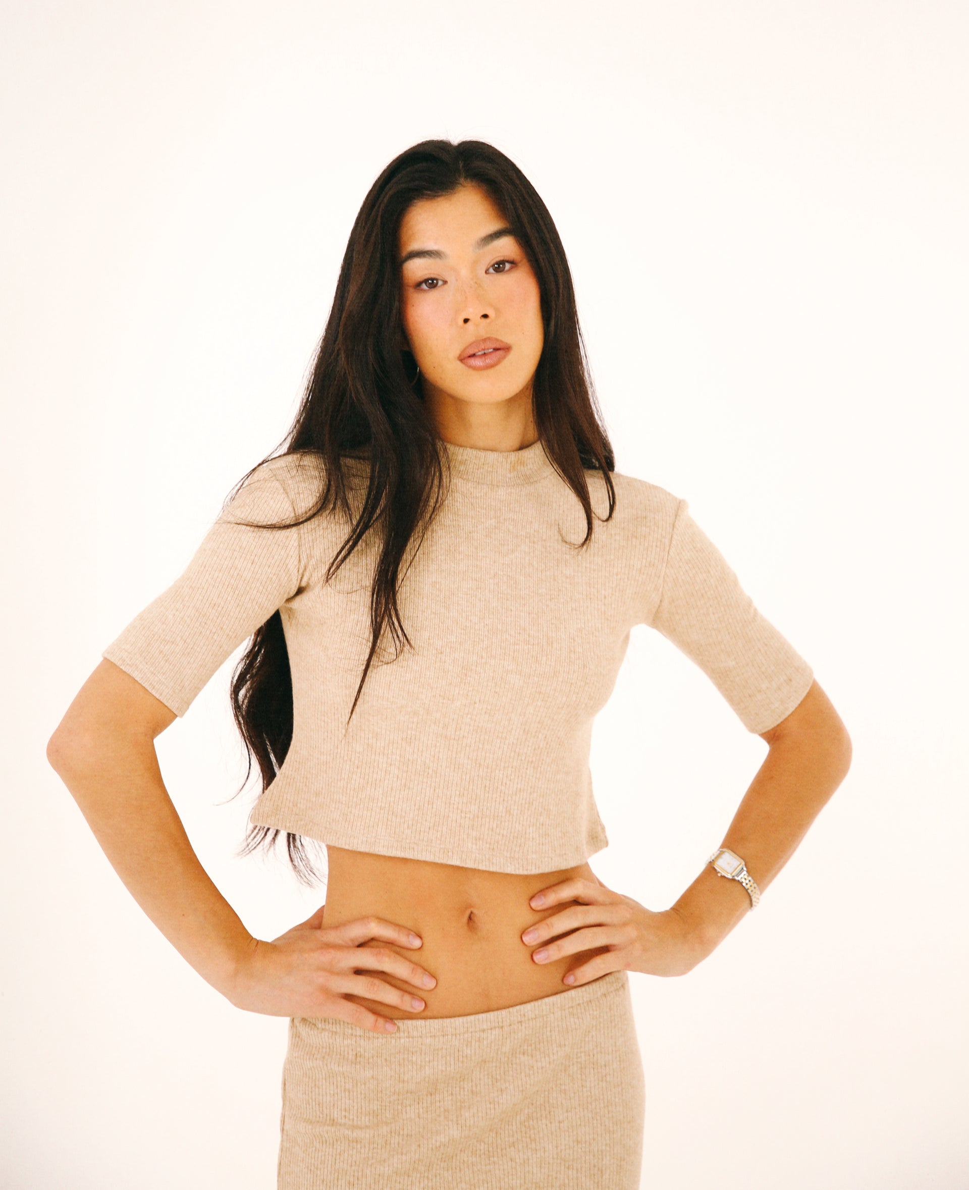 Ribbed Mock Neck Top - Oat